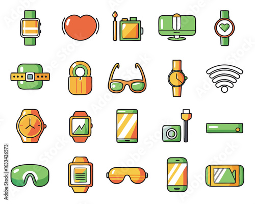 Collection of stylized line art symbols representing modern wearable technology and personal health tracking devices isolated on transparent background