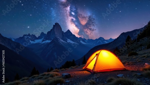 Illuminated tent, Dolomites panorama, Milky Way above , night, vista