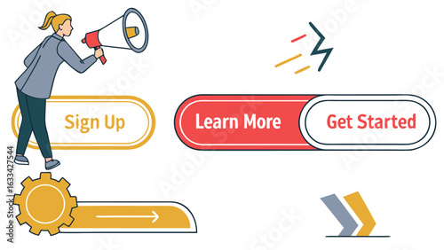 A woman with a megaphone announces sign up next to learn more and get started buttons symbolizing engagement and action