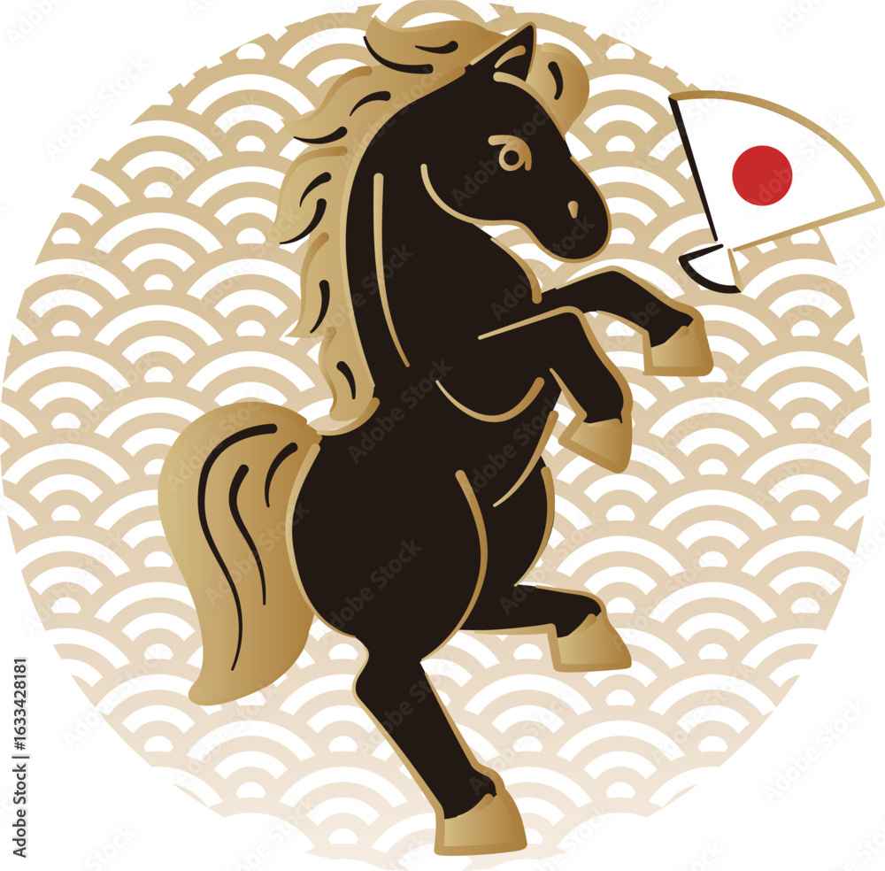 Fototapeta premium 年賀 2026 うま 馬 午年 午 手描き 日本画 浮世絵 正月 和風 モダン 年賀状 イラスト素材