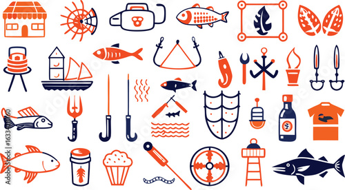 Collection of Fishing and Outdoor Activity Icons in Orange and Blue boat tackle