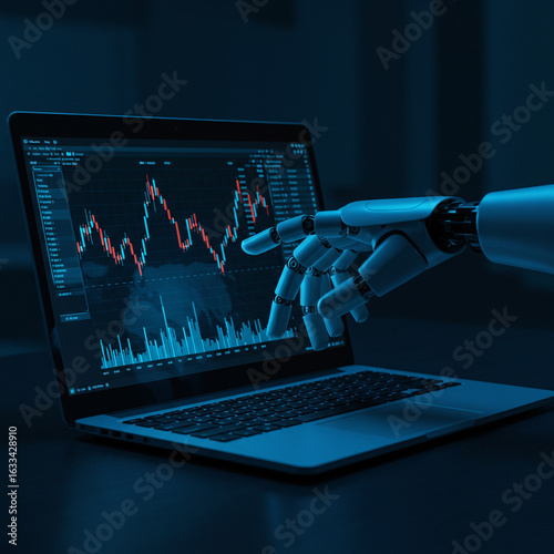 Robotic Hand Analyzing Stock Market Data on Laptop Screen; Futuristic Finance, AI Trading, Blue Tone