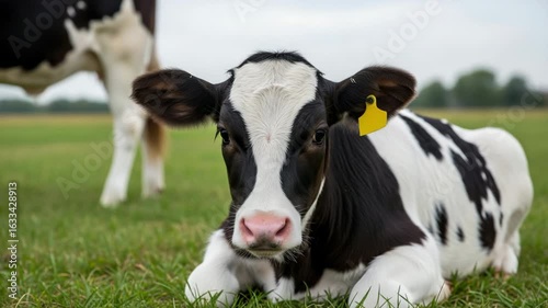Wallpaper Mural Curious calf resting on a green pasture during a calm afternoon in an agricultural landscape Torontodigital.ca