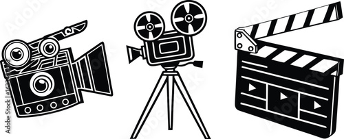 Old Movie Camera Set and Clapperboard Representing Film Making and the Film Industry