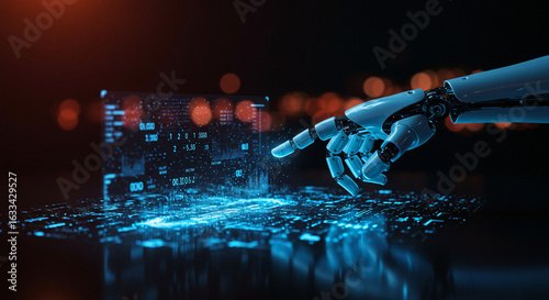 Robotic Hand Interacting with Futuristic Holographic Financial Data Display