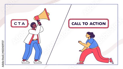 Marketing strategy illustration a person uses a megaphone to broadcast a cta while another person responds to the call to action