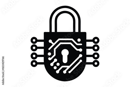 Black Digital Lock Icon with Keyhole and Circuit Board Design on White Background