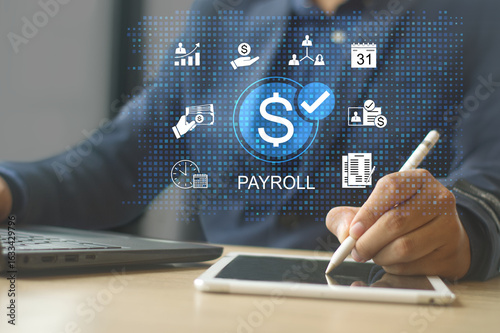 (5/68) payroll management and financial processing system. payment of employees' salaries. icons for payment, scheduling, and efficient payroll operations.