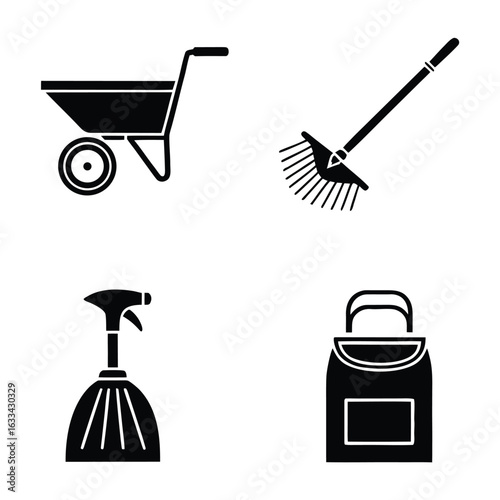 Garden tools assortment wheelbarrow rake