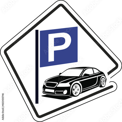 Parking sign with car illustration for parking facility advertisement and design projects with modern vehicle graphic and simple geometric shapes