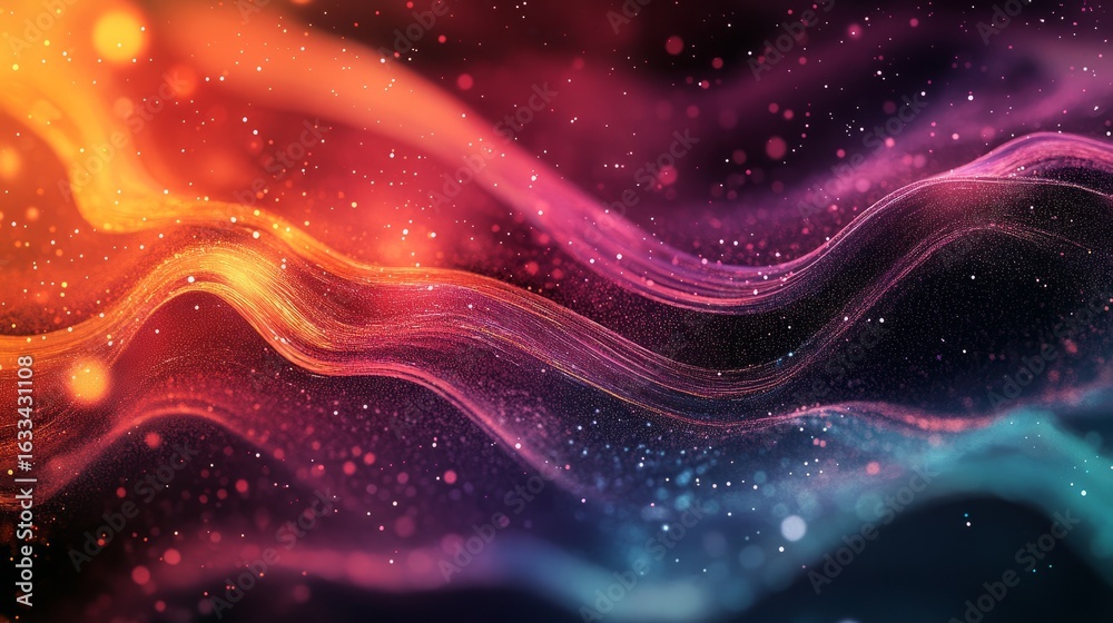 Obraz premium Abstract digital wave background with flowing futuristic lines and dynamic particle effects in vibrant colors, creative high-resolution wallpaper design for modern technology, information systems, and
