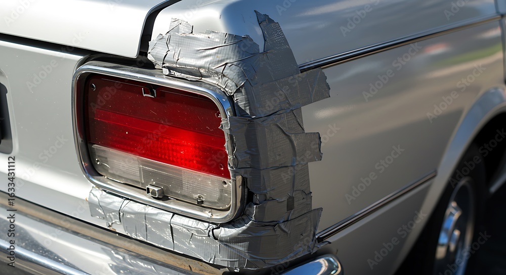 Fototapeta premium Humorous Car Repair with Duct Tape on Silver Vehicle Tail Light Showing Resourcefulness and Problem Solving Skills Depicting DIY Fixes
