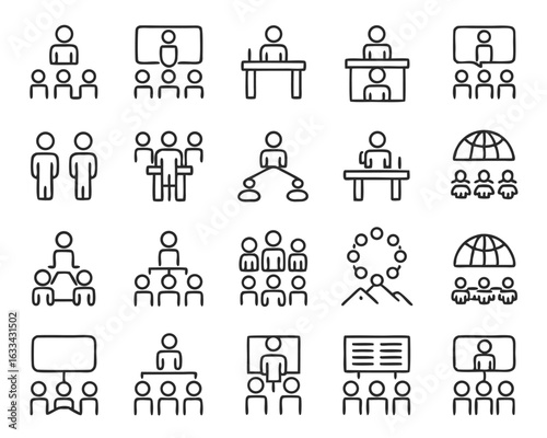 Business meeting icon showing people discussing around a table with communication symbols isolated on transparent background