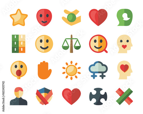 Collection of mental wellness and self care line art icons promoting positive emotional well being isolated on transparent background