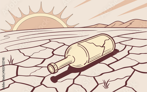 Broken glass bottle on cracked desert ground with heat waves dry warm tones