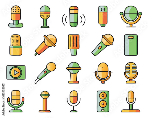 Collection of distinctive microphone graphics featuring a single auditory device design isolated on transparent background