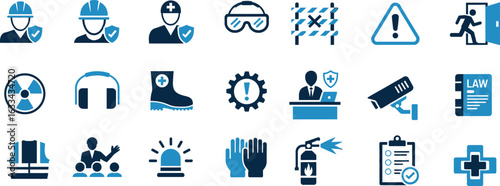 A detailed collection of safety icons representing workplace protection, emergency procedures, and regulatory compliance.