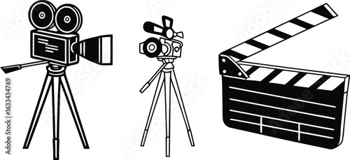 Retro Movie Cameras and Clapperboard Illustration for Film Production and Entertainment Industry Designs