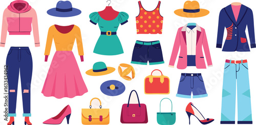 Assorted Flat Design Icons of Women's Apparel, Handbags, and Footwear fashion clothing
