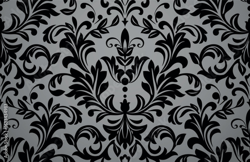 Wallpaper in the style of Baroque. Gray and black floral ornament. Seamless vector background. Graphic pattern for fabric, wallpaper, packaging. Ornate Damask flower illustration