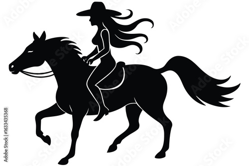Black Silhouette of Cowgirl with Hat Riding Horse with Long Hair Flowing