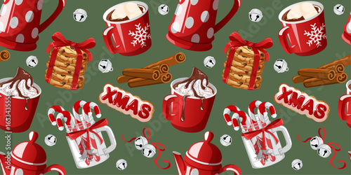 Xmas Seamless Pattern with Festive Treats - Hot Chocolate, Candycanes, Cookies, Jingle Bells and Cinnamon Sticks. Christmas Vector Background Illustrastion
