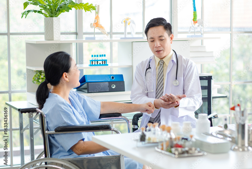 Fototapeta premium Asian male doctor in white coat with stethoscope, consulting explain medications to senior female patient professional support trust healthcare checkup, insurance treatment wellness in hospital clinic