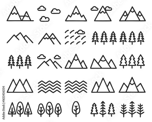 Collection of majestic mountain peak silhouettes in bold black and vibrant colors isolated on transparent background