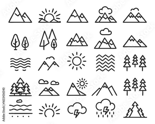 Collection of majestic mountain peaks and rugged landscapes in a striking silhouette style isolated on transparent background