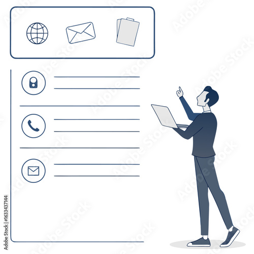 Business professional interacting with a digital interface displaying contact information icons and data entry fields for website email and phone