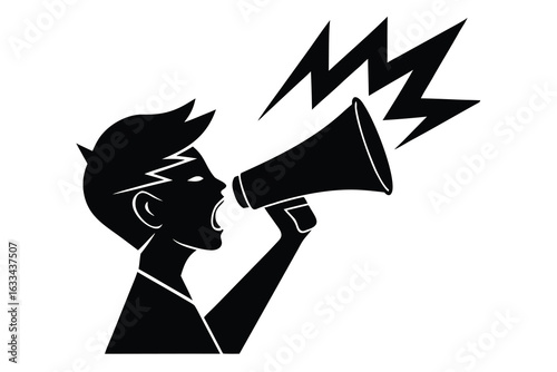 Black Silhouette of Person Shouting into Megaphone with Sound Waves on White Background
