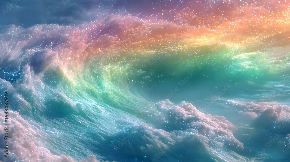 Naklejka premium Ethereal celestial skyscape with a vibrant rainbow arching over magical, pastel-colored nebula clouds.