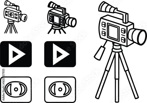 Set of camera icons including play and reel symbols for video production and film making projects