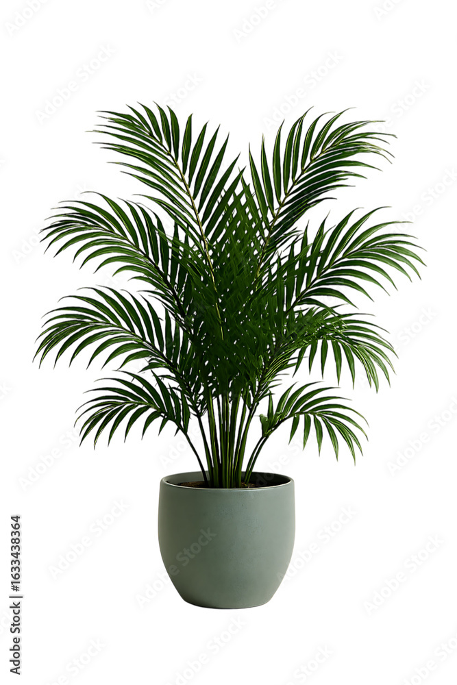 Obraz premium Lush green areca palm plant in a modern grey pot isolated on transparent background