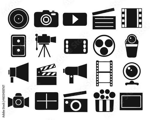 Comprehensive multimedia icon set featuring camera live cinema and multi functional symbols isolated on transparent background