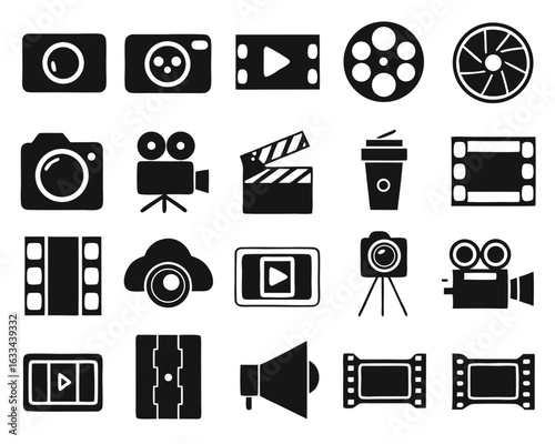 Comprehensive multimedia icon collection featuring camera live streaming and cinema elements isolated on transparent background
