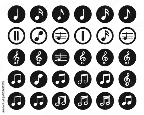 Collection of musical notation symbols and clefs for audio and performance designs isolated on transparent background