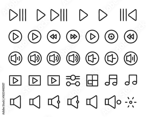 Comprehensive music player interface elements collection featuring diverse controls and playback options isolated on transparent background