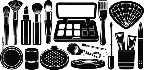 Detailed Black Silhouettes of Makeup and Beauty Essentials cosmetics brushes