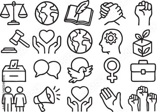 Icons symbolizing justice, global unity, and social activism scales of justice gavel