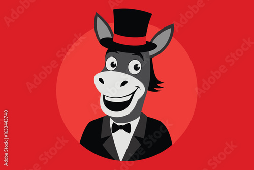 Cartoon Donkey Smiling and Wearing a Top Hat and Tuxedo Against a Red Background