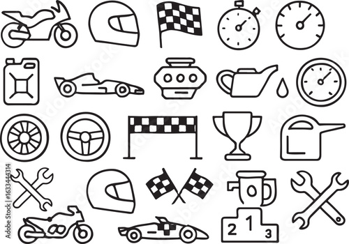 Racing and automotive icons including motorcycles, cars, and tools motorbike helmet