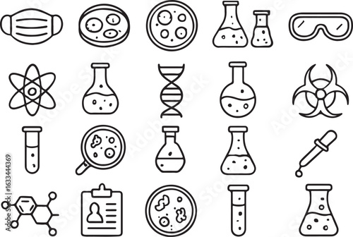 Scientific and Medical Research Icons Hand Drawn Outline Set face mask petri dish