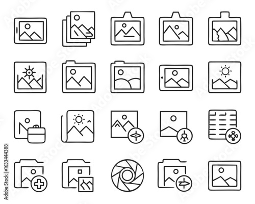 Simple thin line photo upload icon set for digital platforms and applications isolated on transparent background