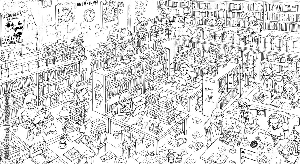 Fototapeta premium Busy Library Scene: Students Studying Amidst Books Clutter