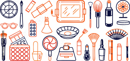 Stylized Orange and Blue Outline Illustrations of Makeup and Beauty Items cosmetics brushes