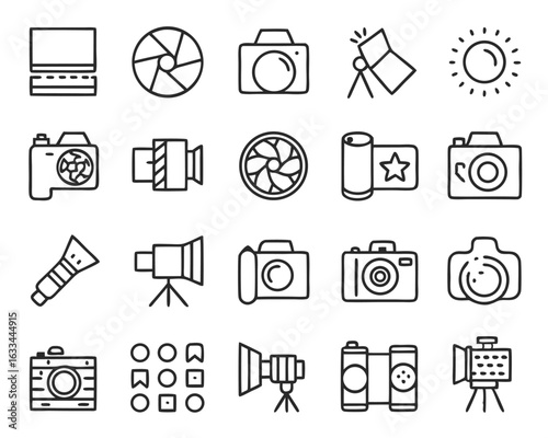 A collection of graphic design elements representing photographic equipment and concepts isolated on transparent background