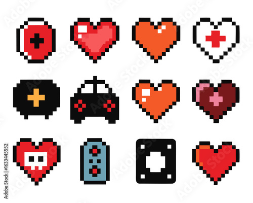 Retro pixel art game health bar with a classic heart icon for user interface design and gaming elements isolated on transparent background