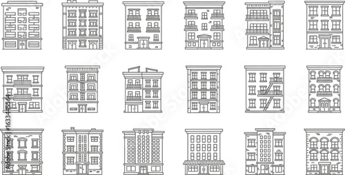 Collection of diverse building facades, showcasing urban architecture, residential apartments, and commercial structures in various styles and designs