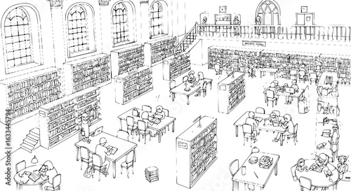 Library Interior Scene: Students Studying Among Bookshelves